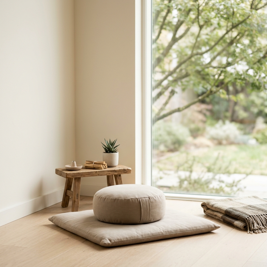 Quiet meditation corner with cushions, soft light, and a calm view