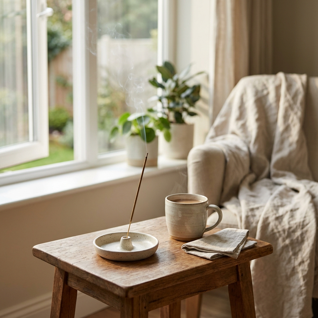 Morning incense and tea by an open window with soft natural light