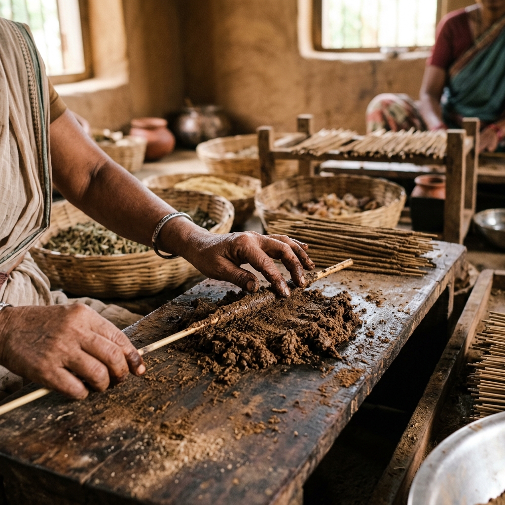 Hand-rolled incense sticks — bamboo coating process