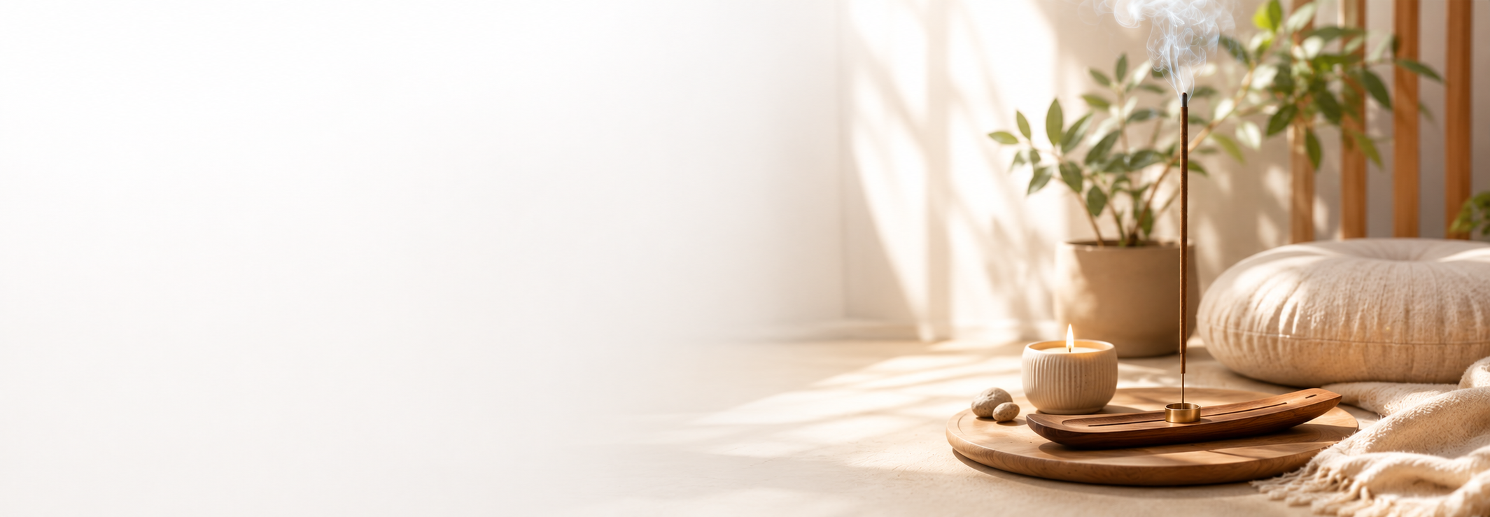 Meditation setup with incense, candle, and cushion — calm mindfulness ritual for relaxation