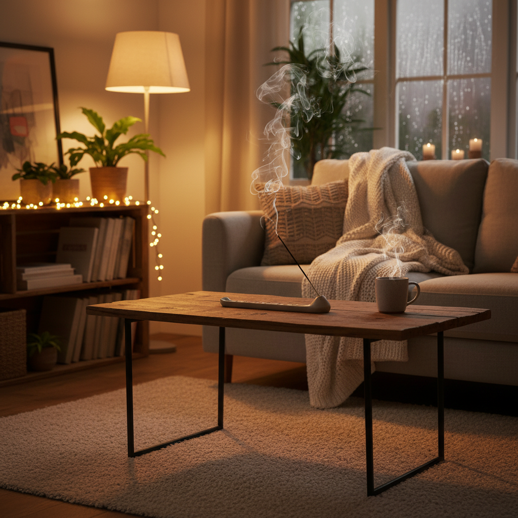 Incense gently burning in a cozy home