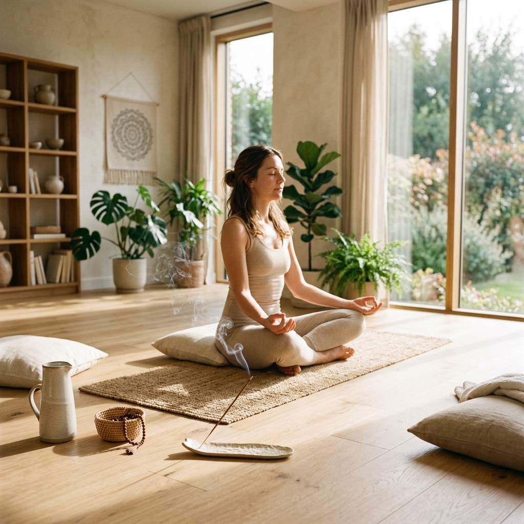 Burning incense stick beside a yoga practitioner in a peaceful sunlit space designed for yoga, meditation, mindfulness, and spiritual practice.