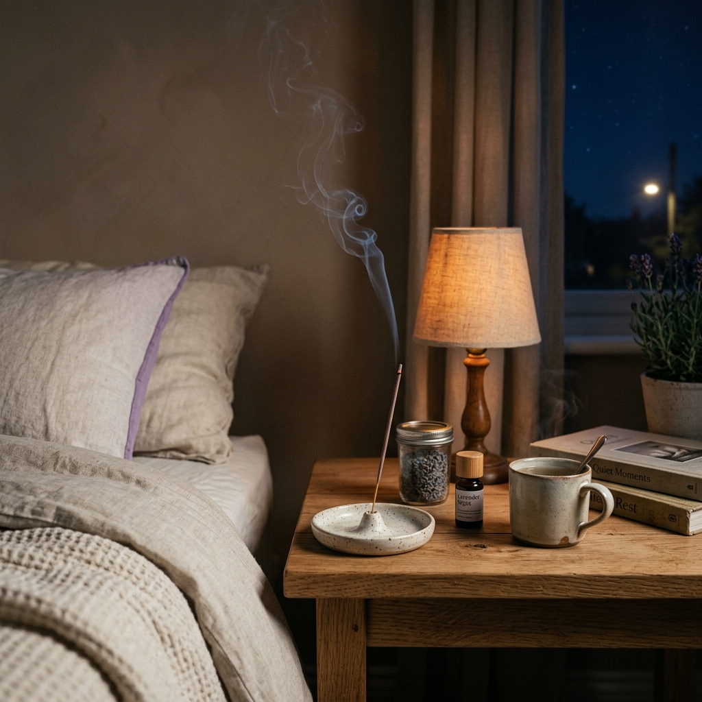 Burning lavender incense creating a peaceful night environment