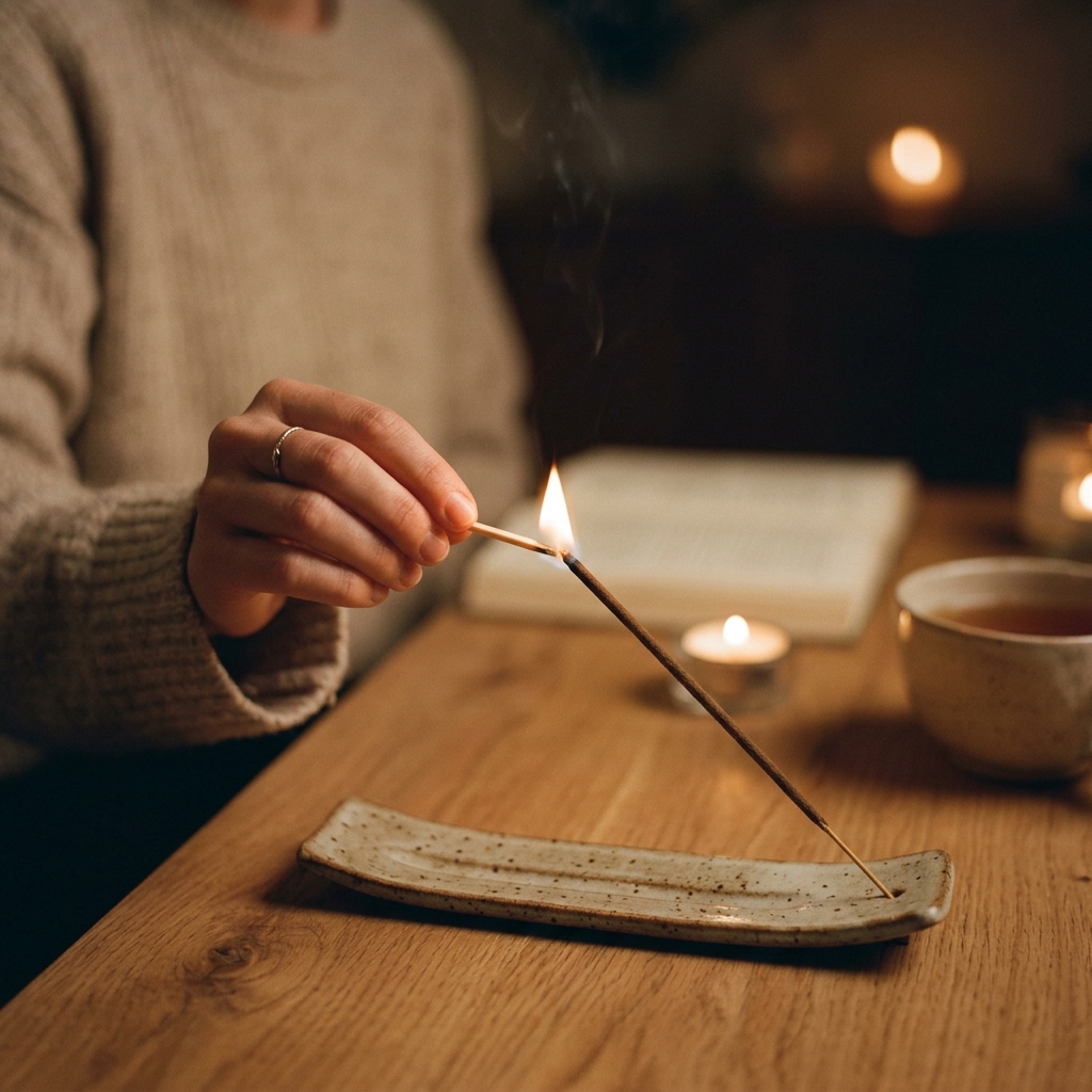 Lighting a single incense stick for a calm nighttime routine