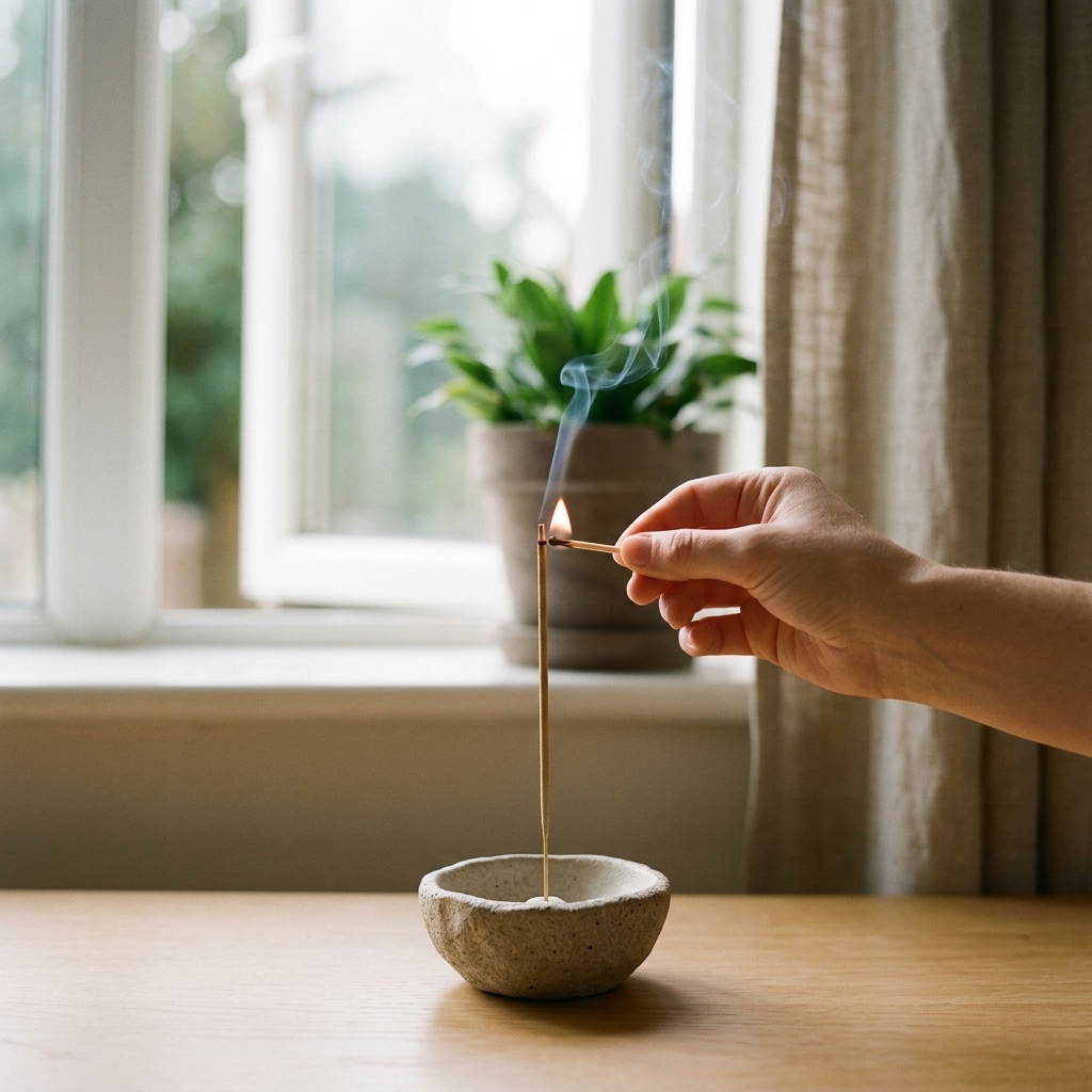 Lighting a single incense stick for a meditation ritual