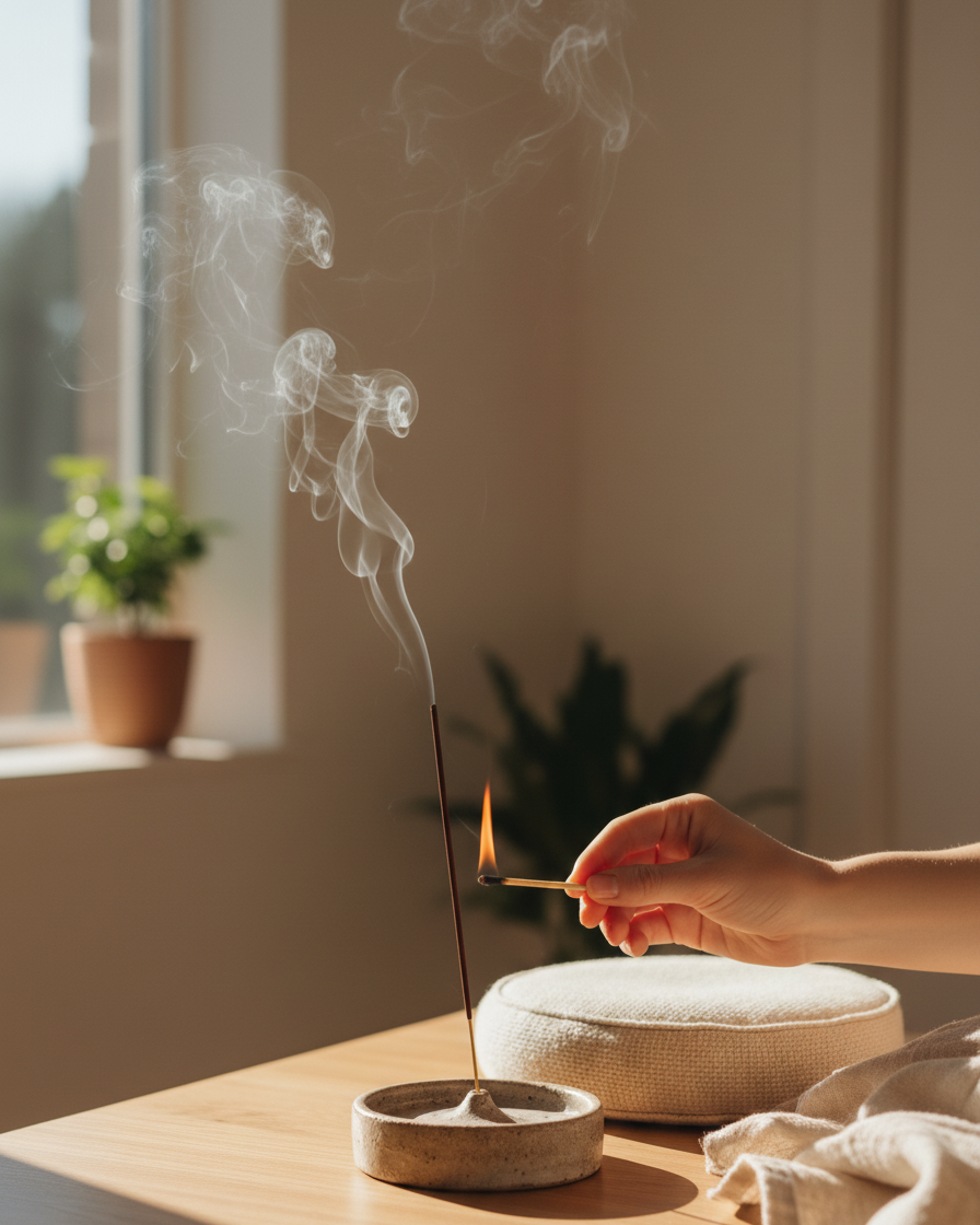 Lighting incense before meditation