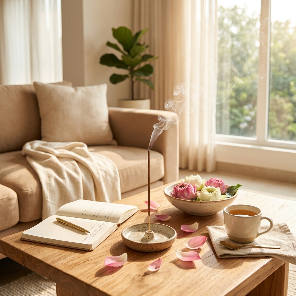 Lotus-inspired incense burning in a ceramic holder beside fresh lotus flowers, creating a peaceful and elegant atmosphere for relaxation and mindfulness.