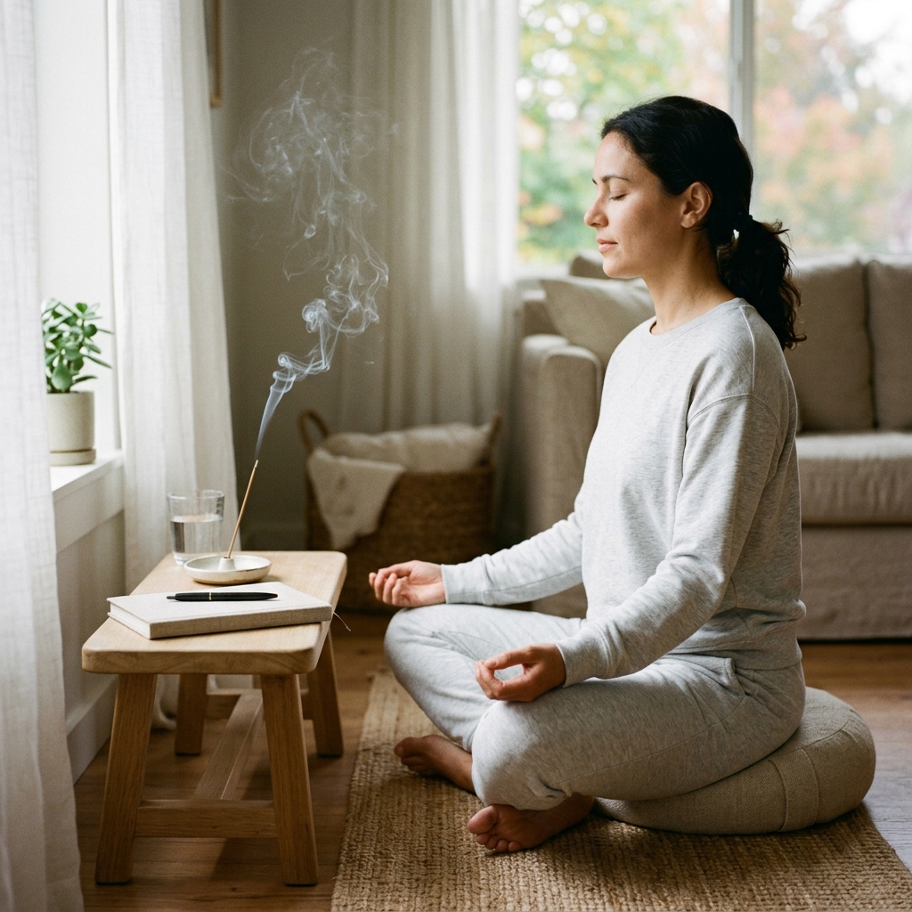 Allowing incense fragrance to settle while taking slow breaths before meditation