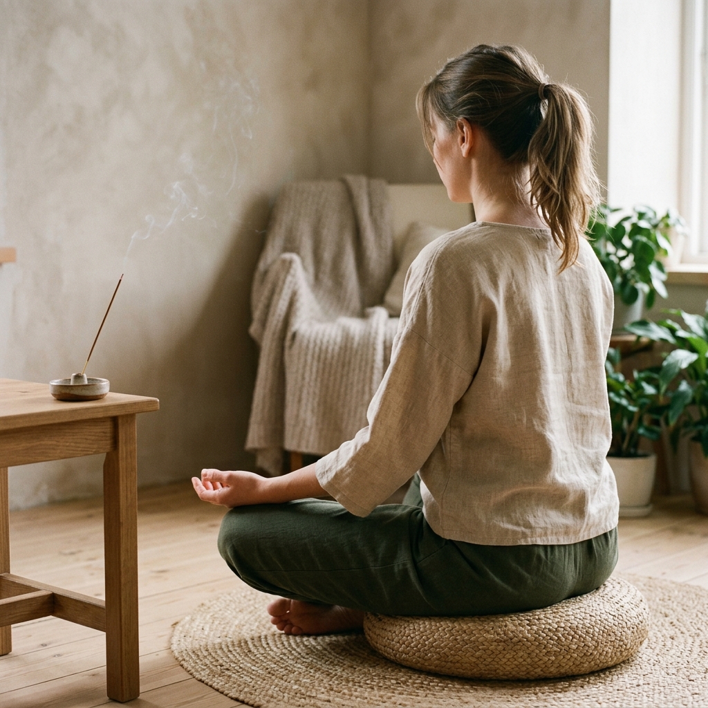 Woman meditating with incense smoke rising in a calm, softly lit room