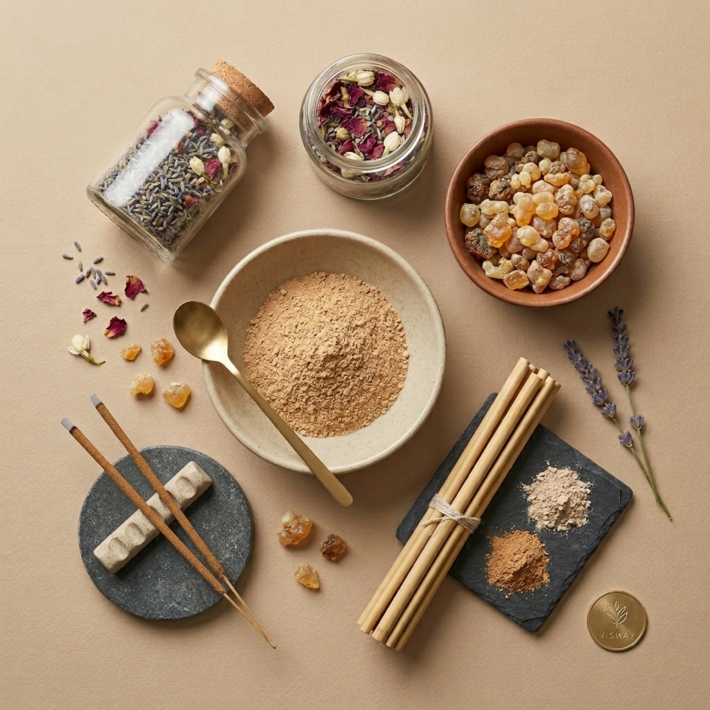 Natural incense ingredients flat lay — dried florals, resin, powders, bamboo sticks, and finished incense sticks, Vismay