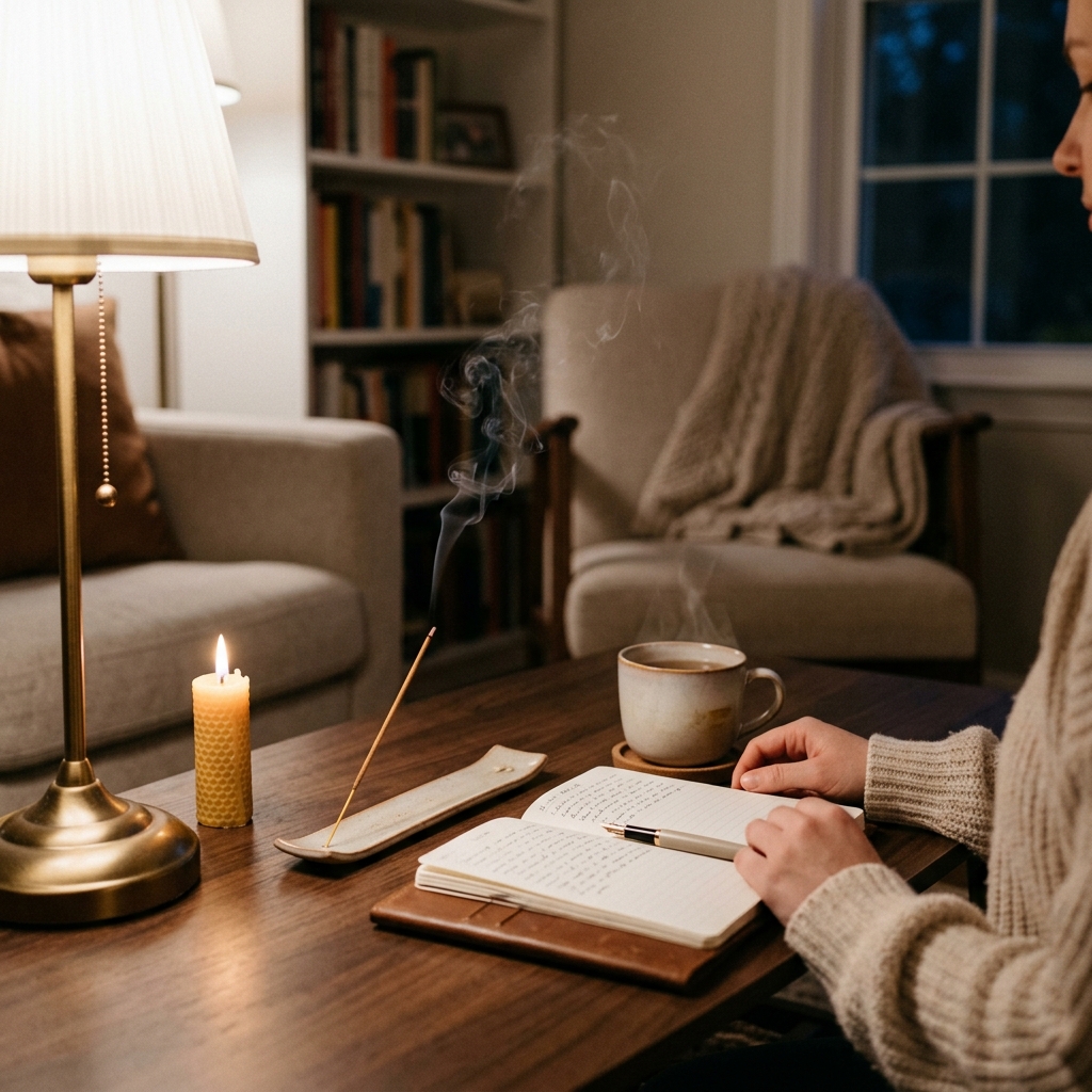 Cozy evening scene with incense, soft light, and a quiet habit like tea or reading