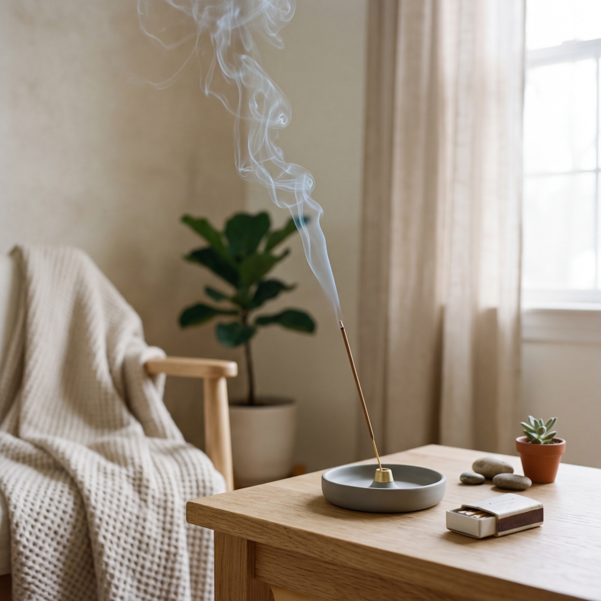 Peaceful home atmosphere with incense for calm and balance