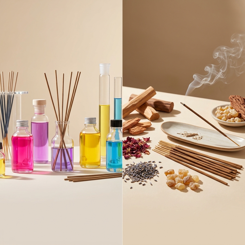 Quality vs cheap incense sticks — synthetic fragrance ingredients compared with natural plant-based incense, sandalwood, rose, lavender, and resin