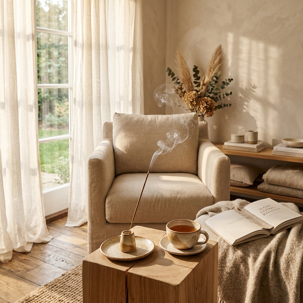 Burning relaxing incense in a peaceful sunlit home creating a calm and comfortable atmosphere for relaxation and everyday rituals.