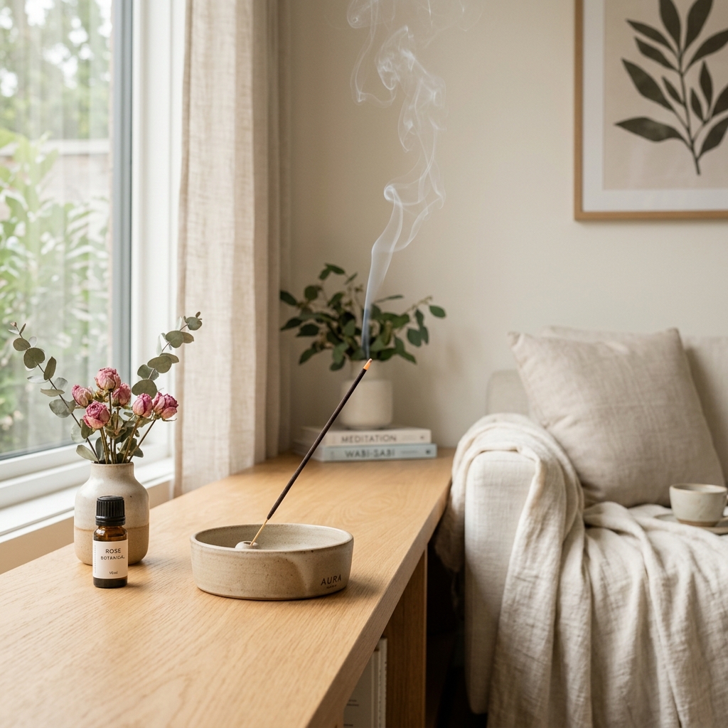 Burning rose incense creating a calm and welcoming home environment