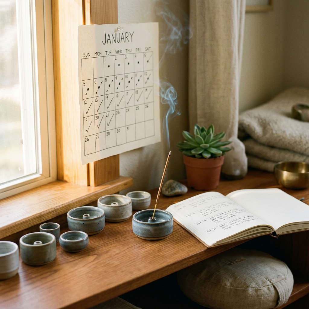 Consistent daily meditation ritual with incense and journal