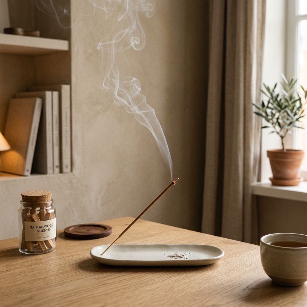 Burning sandalwood incense with light smoke for relaxation