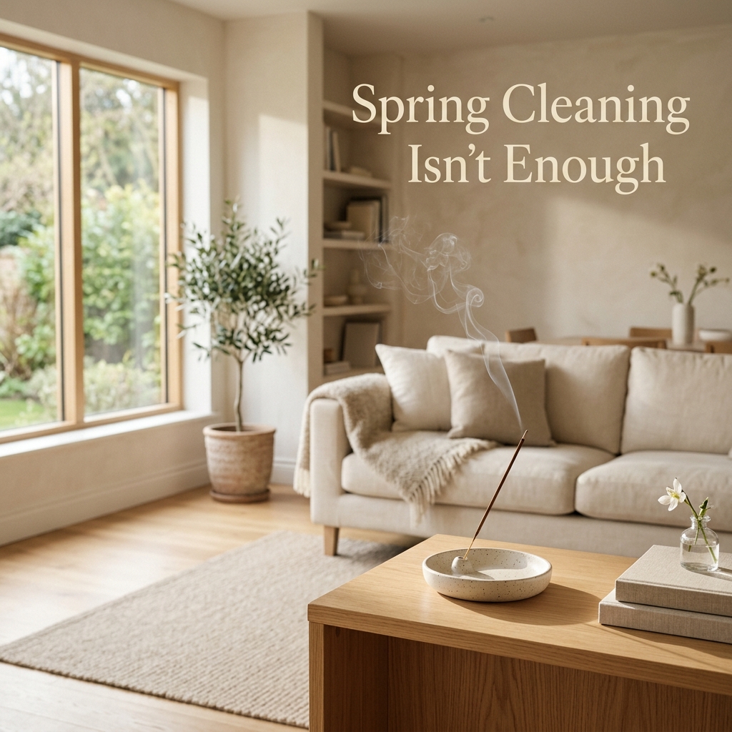 Spring cleaning home reset with clean space and incense creating a calm environment