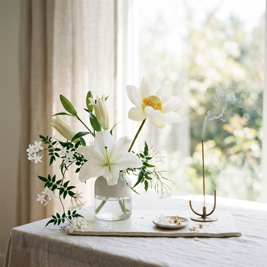 Spring floral incense with jasmine, lily, and lotus creating a calm and balanced home fragrance