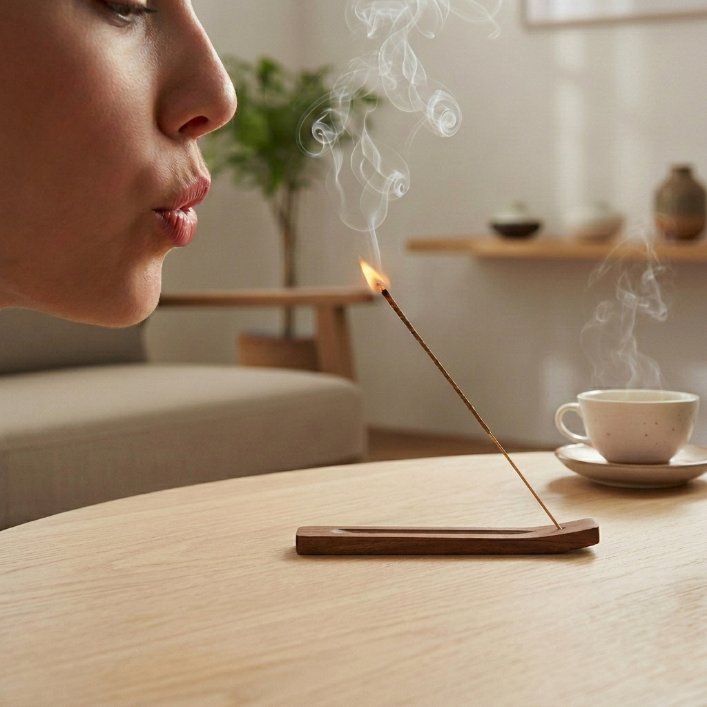 Gently blowing out the incense flame so the stick smolders and releases fragrance