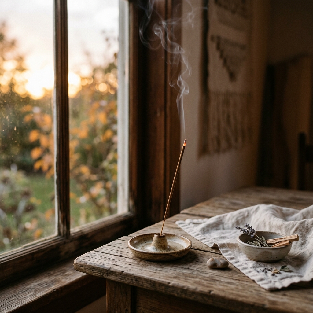 Evening wind-down ritual incense in Canada—warm Vismay scene for rest and quiet nights