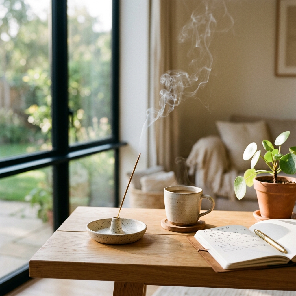 Morning incense ritual in Canada—peaceful Vismay scene for calm, focused starts to the day