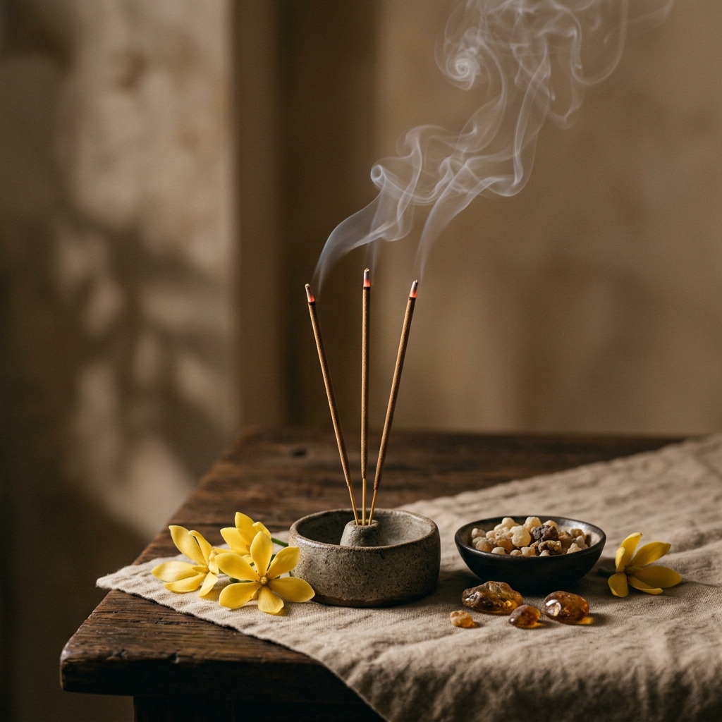 Vismay resin and spiritual incense sticks—rich, meditative aromatics for calm rituals