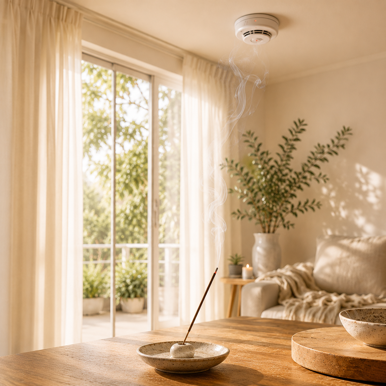 Incense stick burning in a ceramic holder on a wood table, smoke rising toward a ceiling smoke detector in a bright living room