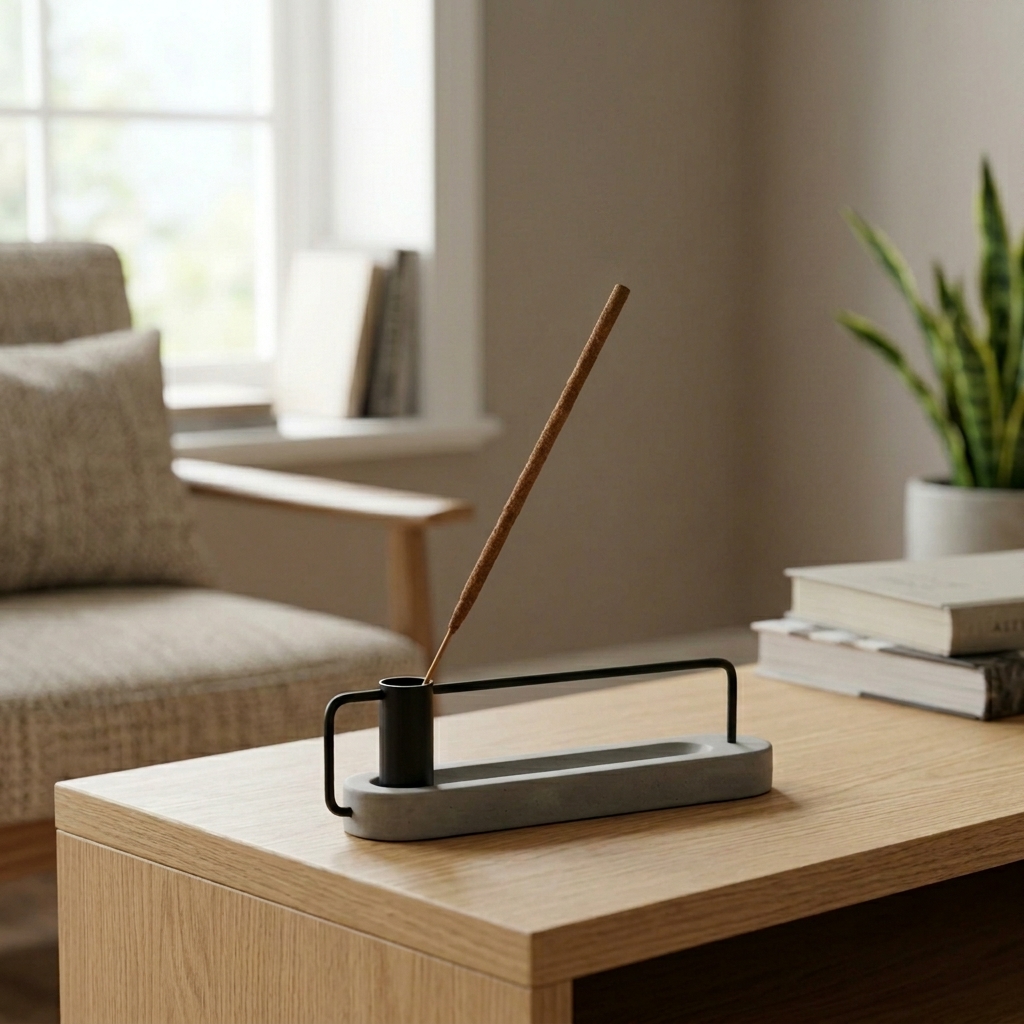An incense stick placed upright in a stable holder on a table