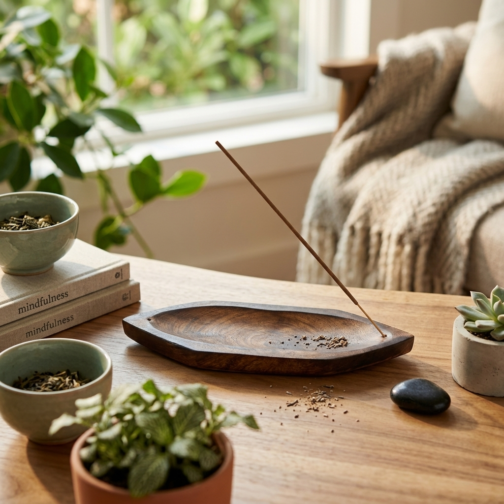 Wooden Boat incense holder — lifestyle view on a calm ritual surface