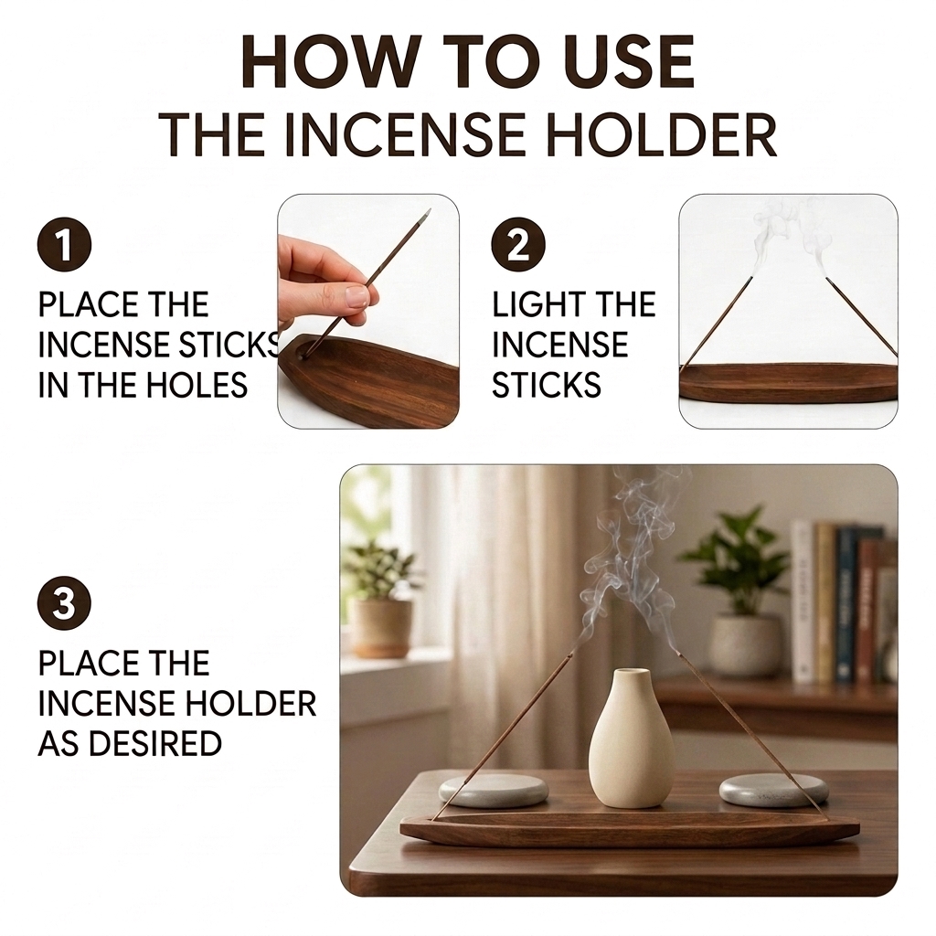 Wooden Boat incense holder — carved wooden boat tray holding stick incense