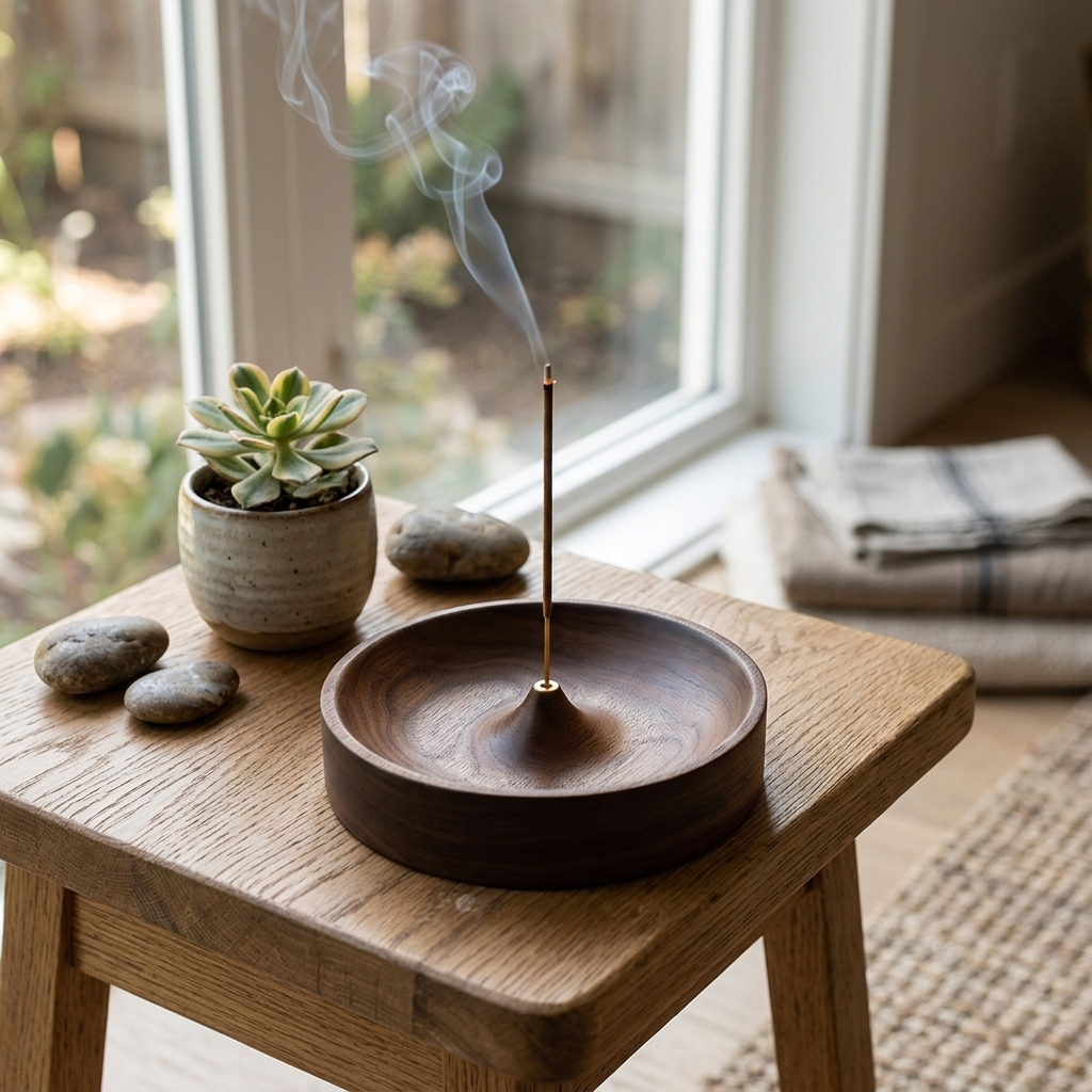 Wooden Brass incense holder — carved wood bowl with brass insert and stick incense