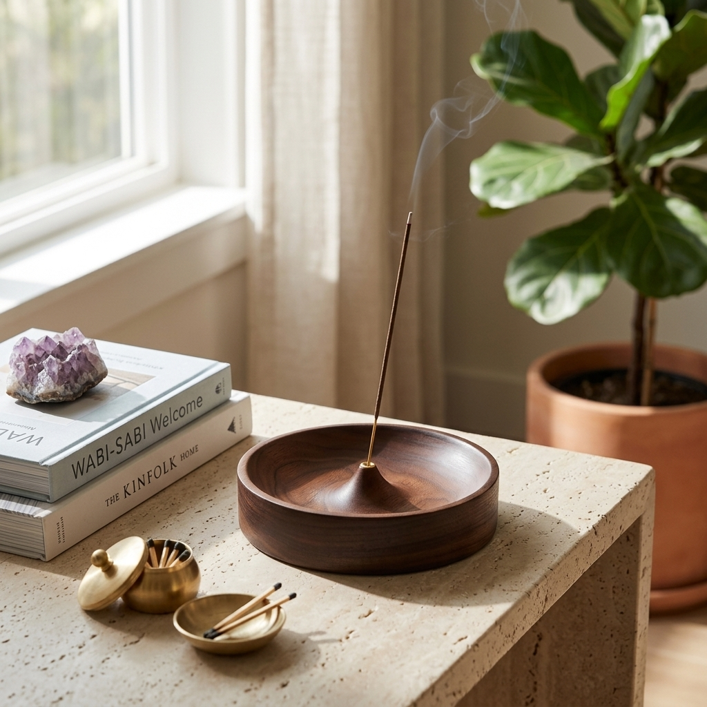 Wooden Brass incense holder — detail view of wood and brass construction