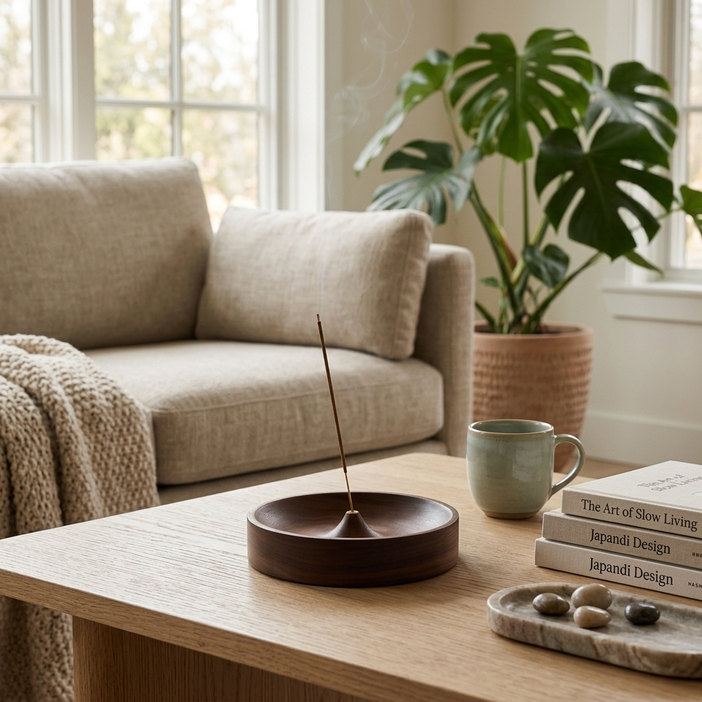Wooden Brass incense holder — angled view with stick incense burning
