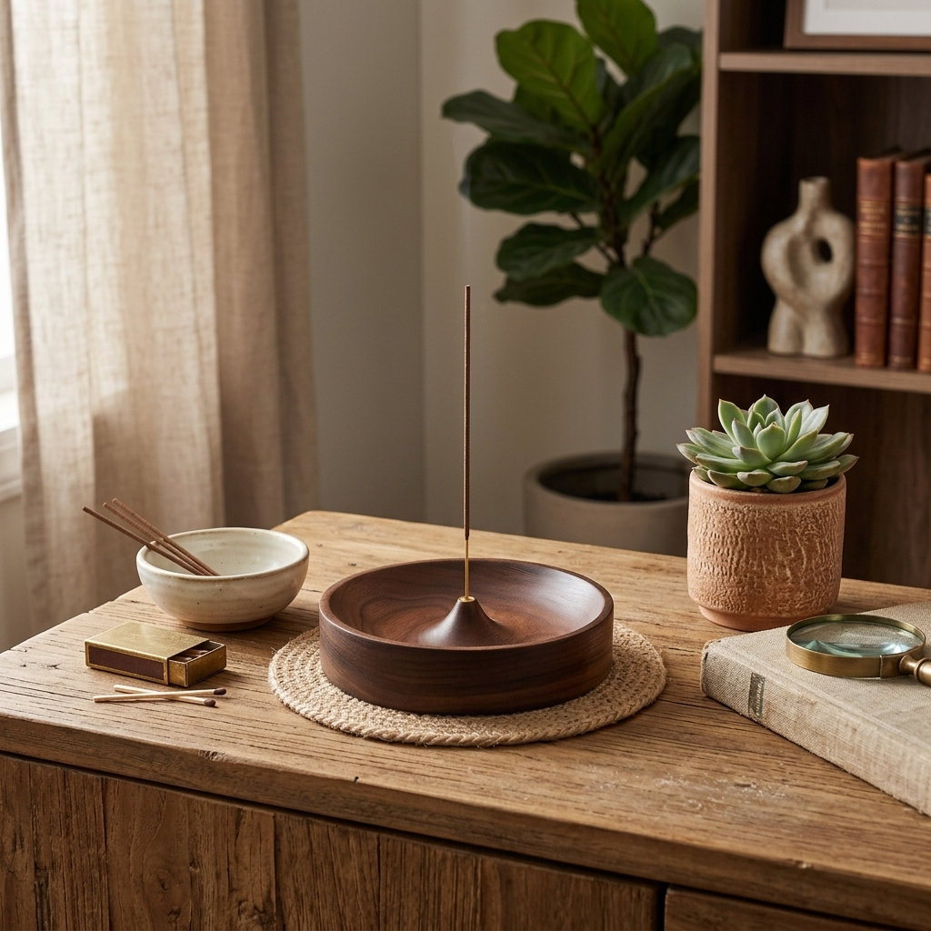 Wooden Brass incense holder — lifestyle view on a calm ritual surface