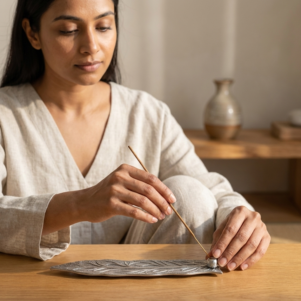 Placing incense in an Elegant Leaf Incense Holder during a calm home ritual