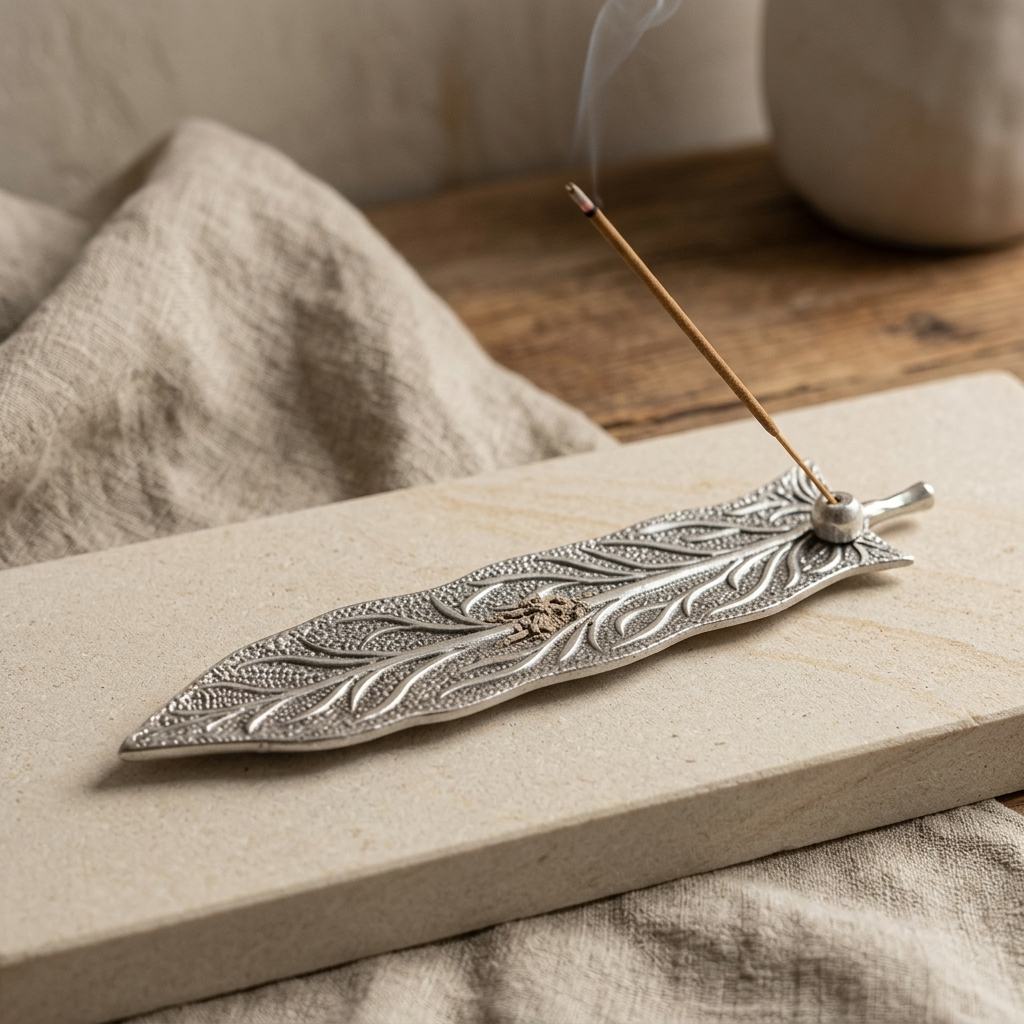 Elegant Leaf Incense Holder burning incense on stone with soft smoke