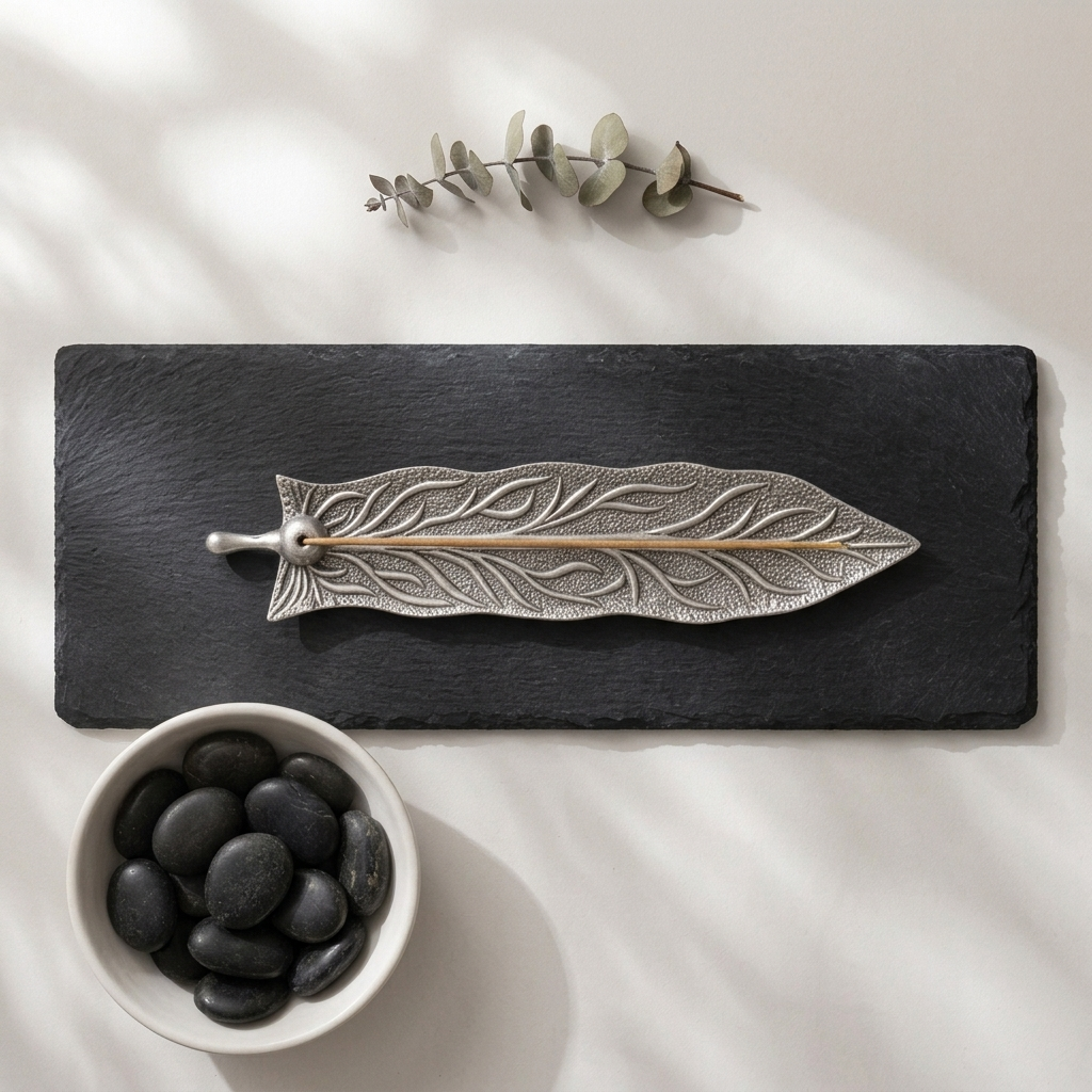 Elegant Leaf Incense Holder on slate with eucalyptus and black stones