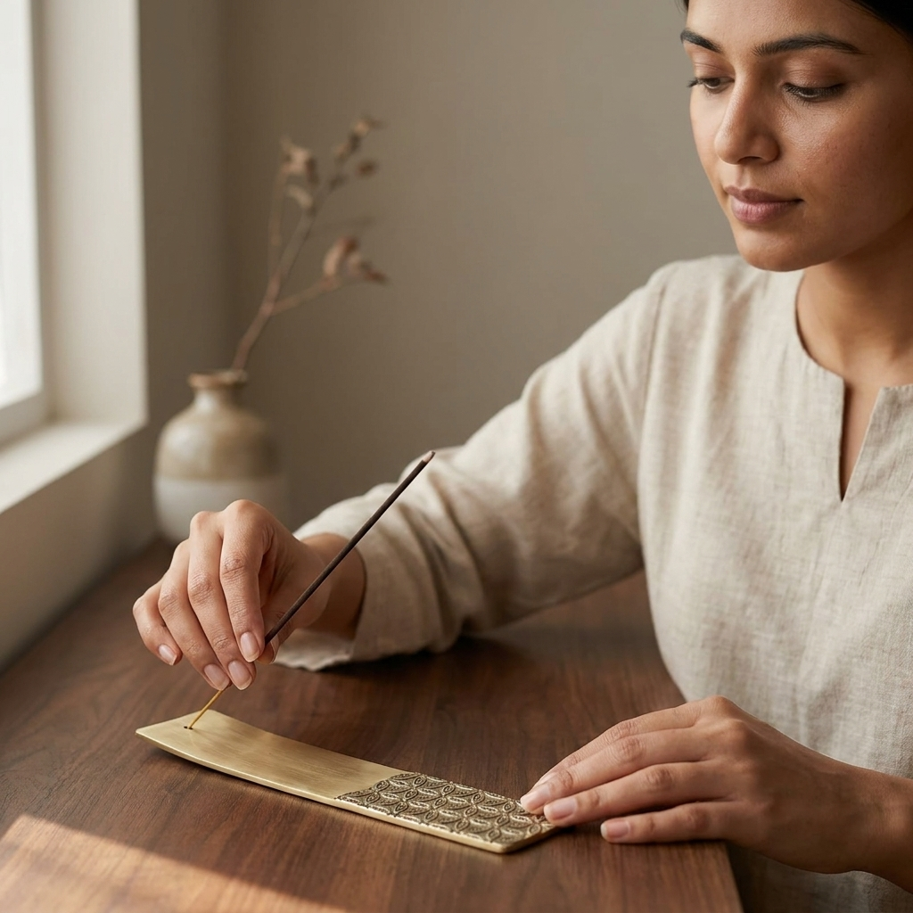 Placing incense in a Golden Blossom Incense Holder during a calm home ritual