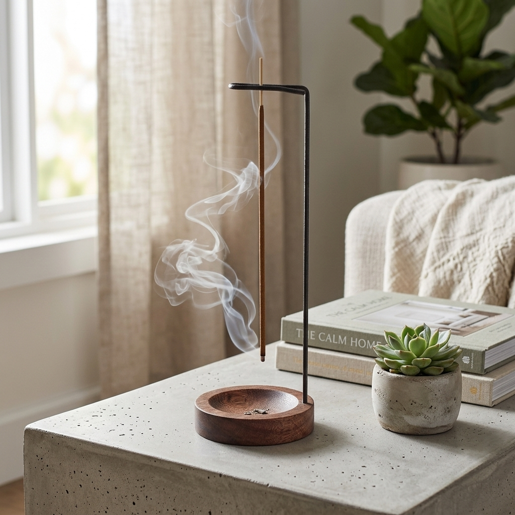 Levitate incense holder — detail view of metal arm and ash-catching base