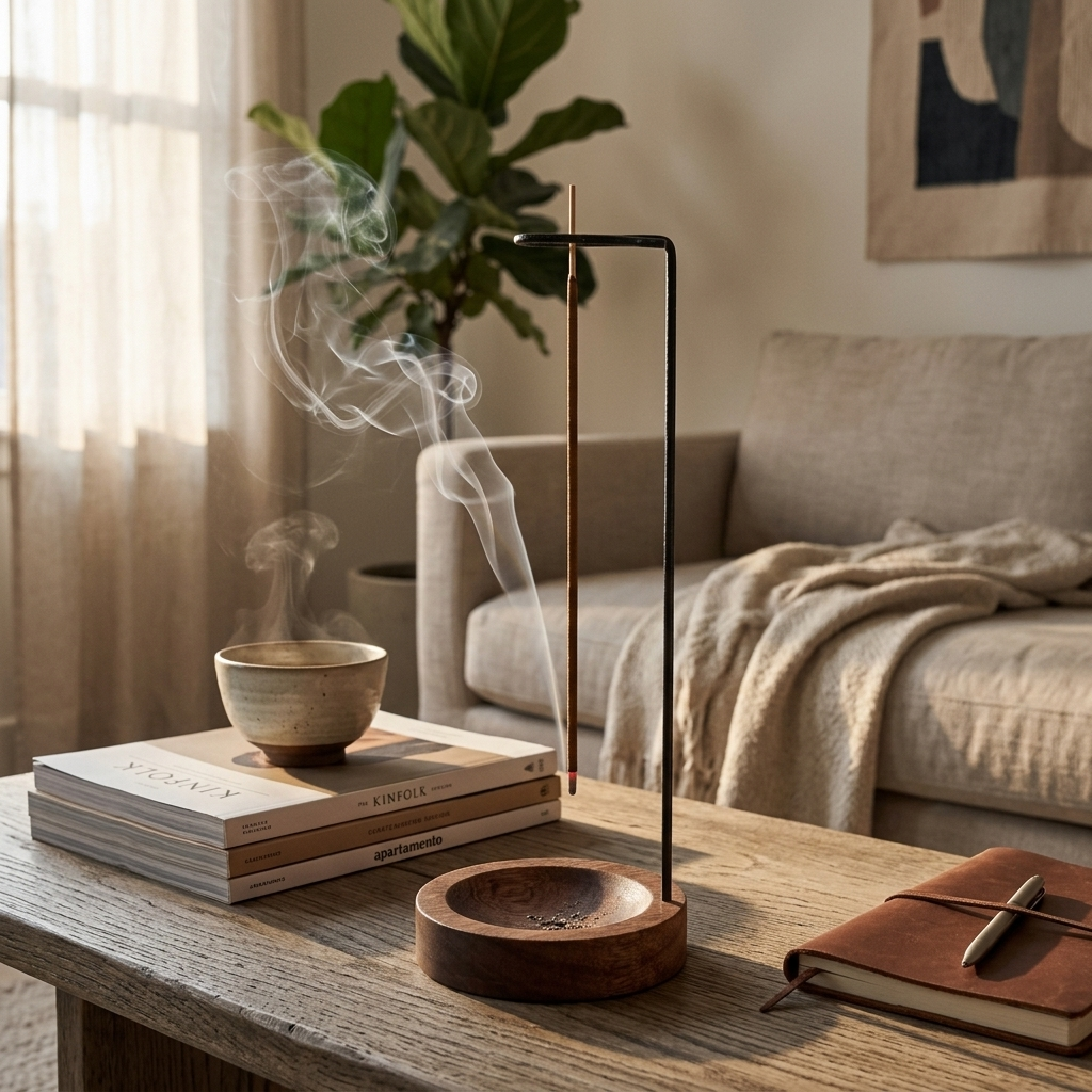 Levitate incense holder — angled view with stick incense burning