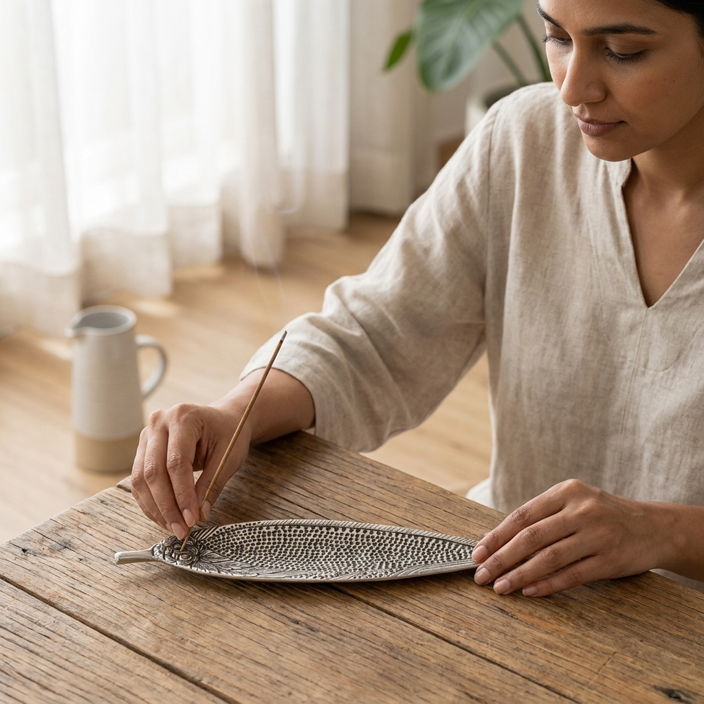 Placing incense in a RoseWine Incense Holder during a calm home ritual