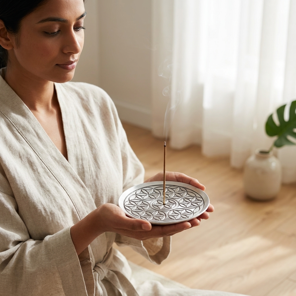 Holding a Sacred Geometry Metal Incense Holder during meditation