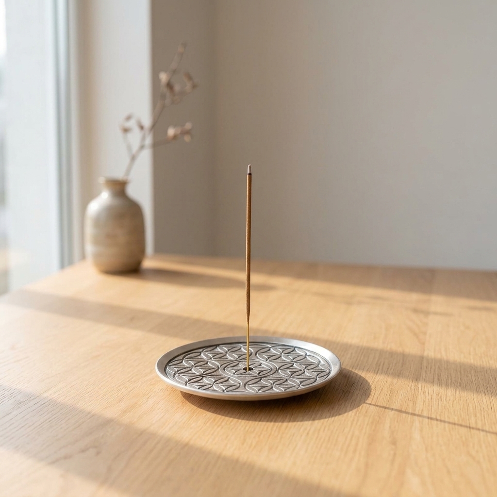 Sacred Geometry Metal Incense Holder burning on wood for a calm home ritual