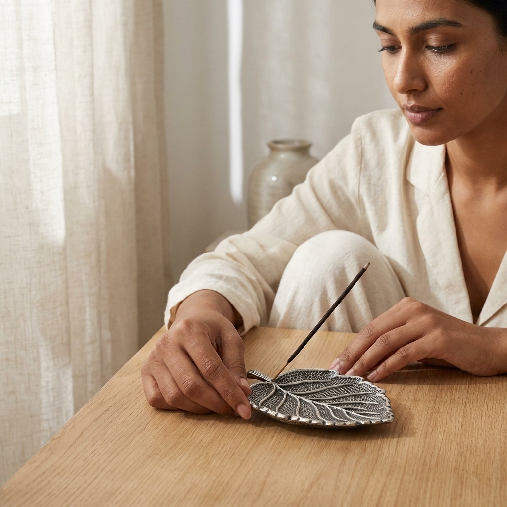 Placing incense in a Sacred Leaf Metal Incense Holder during meditation