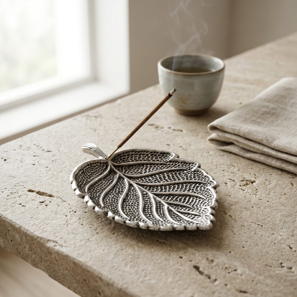 Sacred Leaf Metal Incense Holder burning beside tea for a calm home ritual