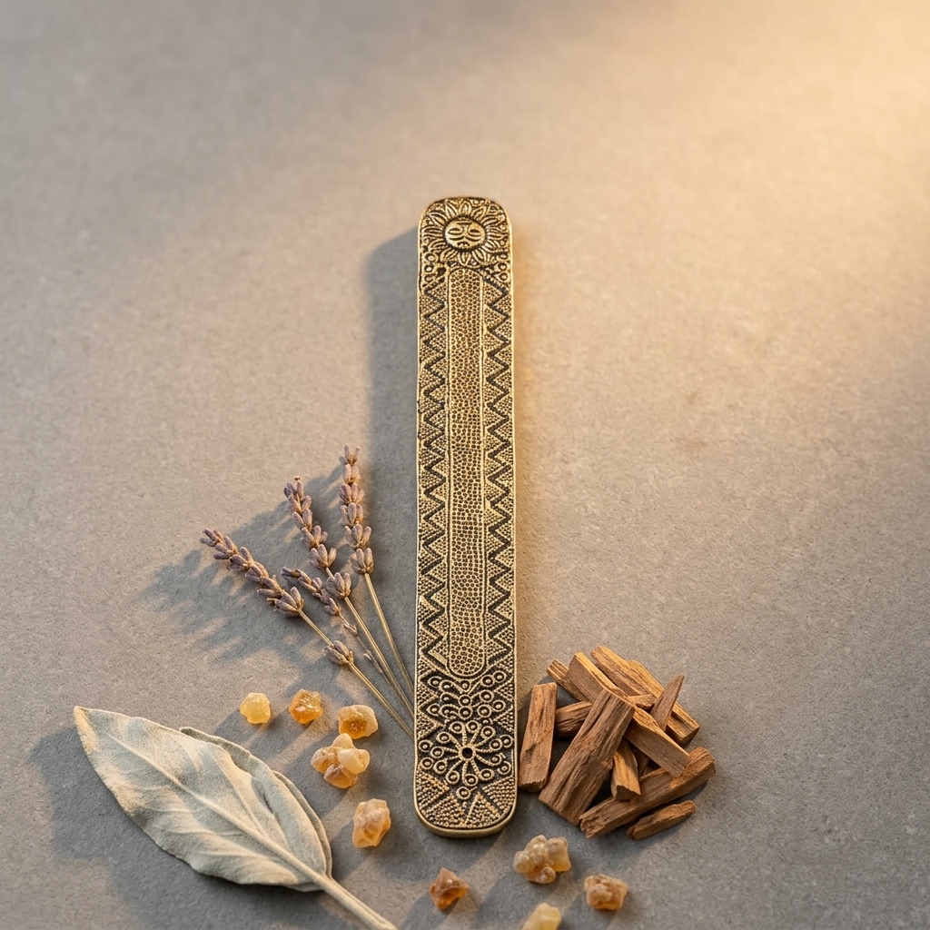 Solaris Metal Incense Holder styled with lavender, sage, and natural resins