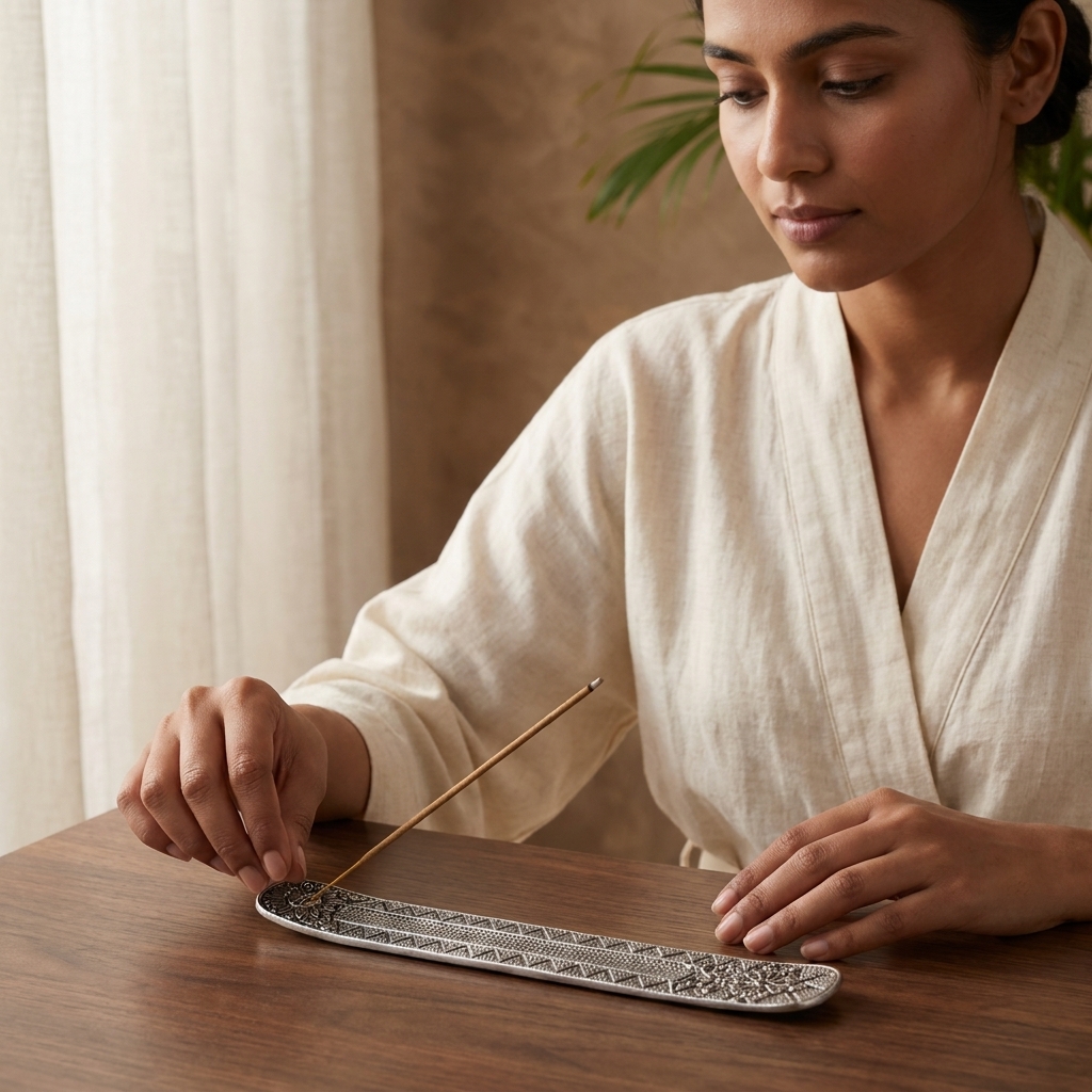 Lighting incense in a Solaris Metal Incense Holder — Silver during a daily ritual