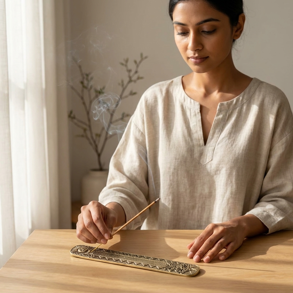 Lighting incense in a Solaris Metal Incense Holder during meditation