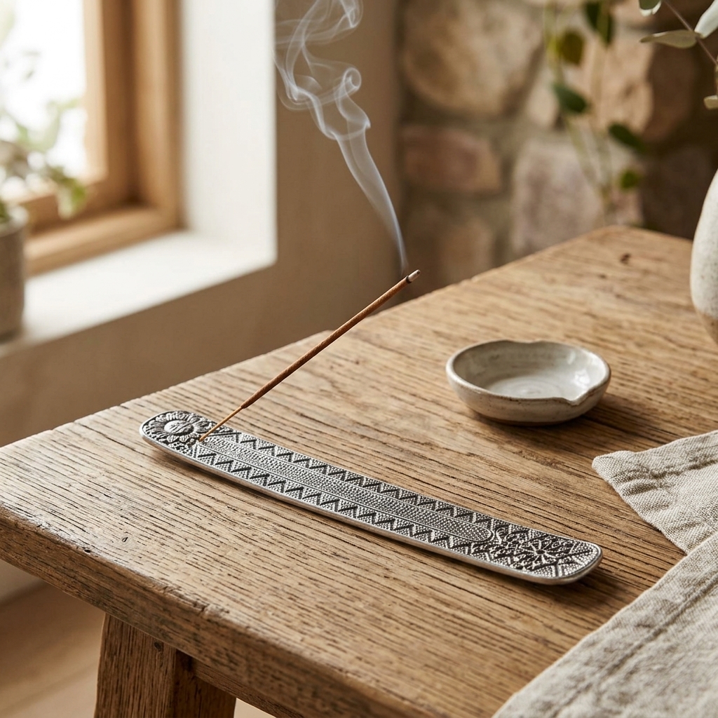 Solaris Metal Incense Holder — Silver burning incense on a wooden table